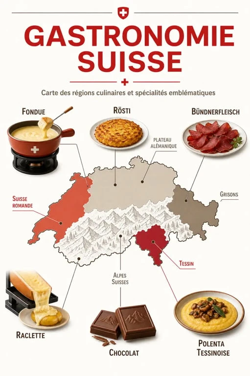 Gastronomie suisse : carte éditoriale des spécialités régionales avec fondue, raclette, rösti et chocolat