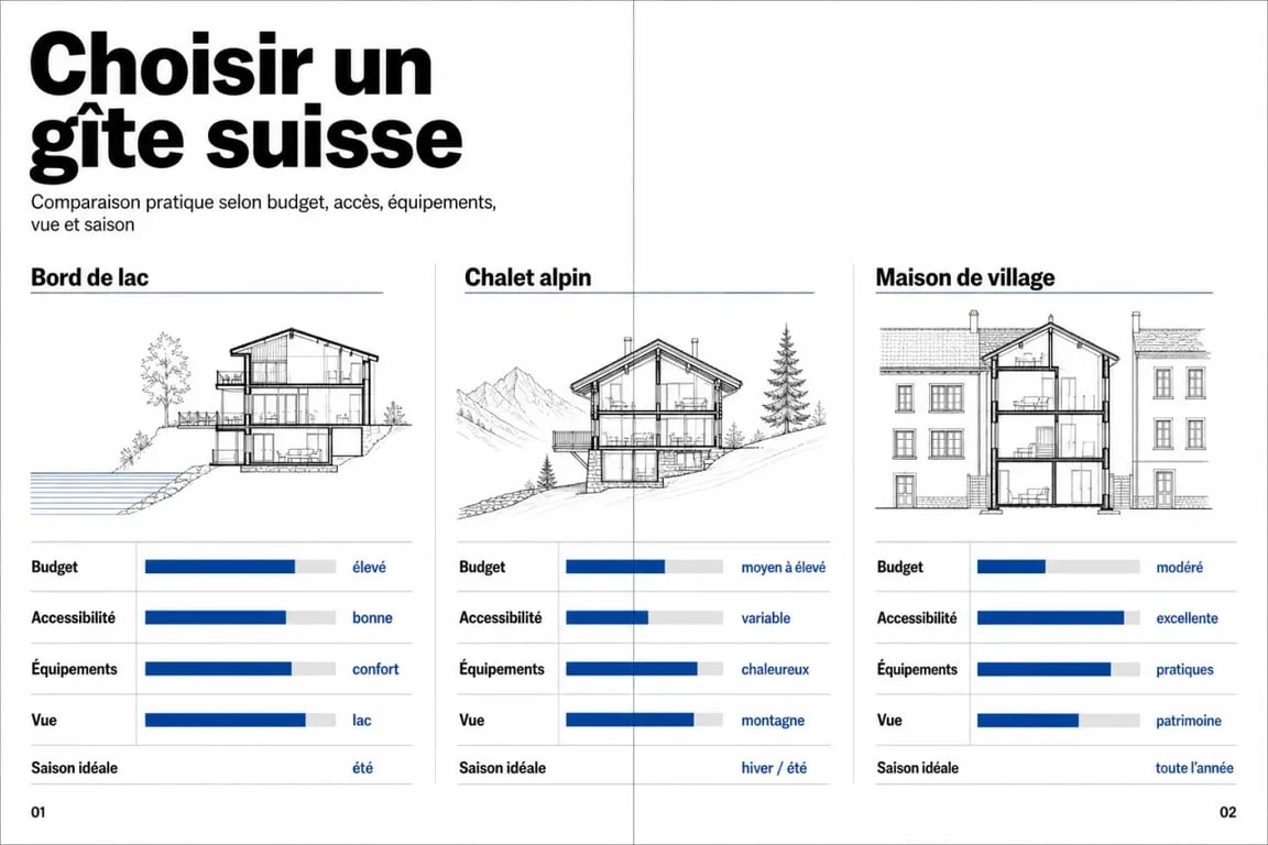 Gîte suisse : comparaison visuelle entre lac, Alpes et village pour choisir selon budget, accès et équipements