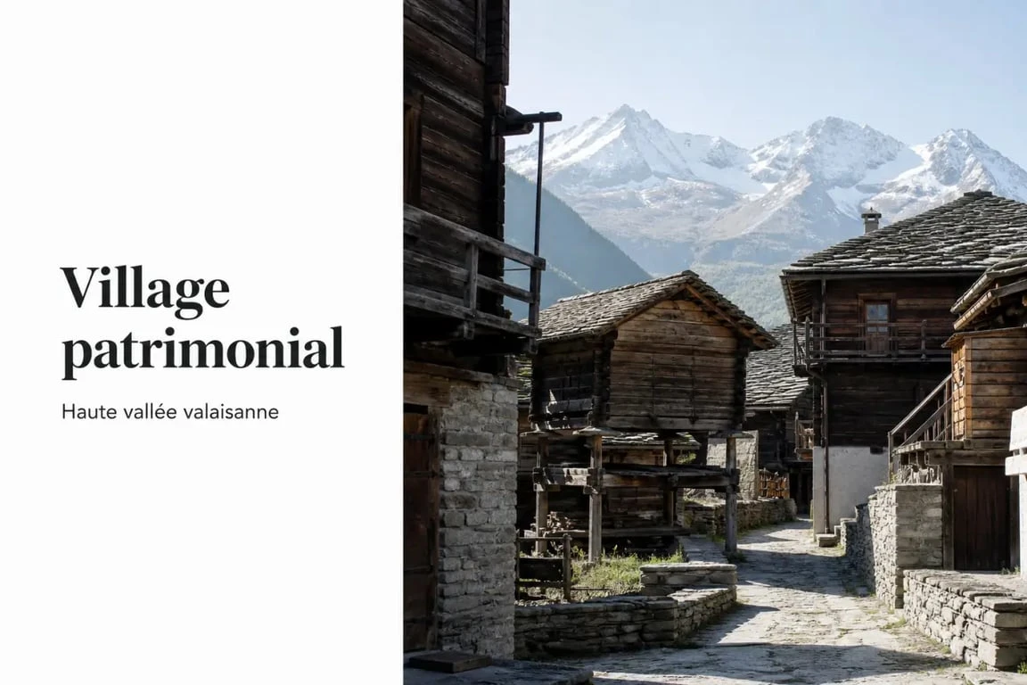 Les plus beaux villages du Valais : Évolène, village patrimonial de haute vallée avec maisons traditionnelles et raccards