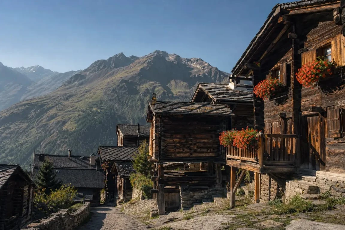 Les plus beaux villages du Valais : Grimentz, village alpin en bois sombre avec chalets fleuris et montagnes en arrière-plan