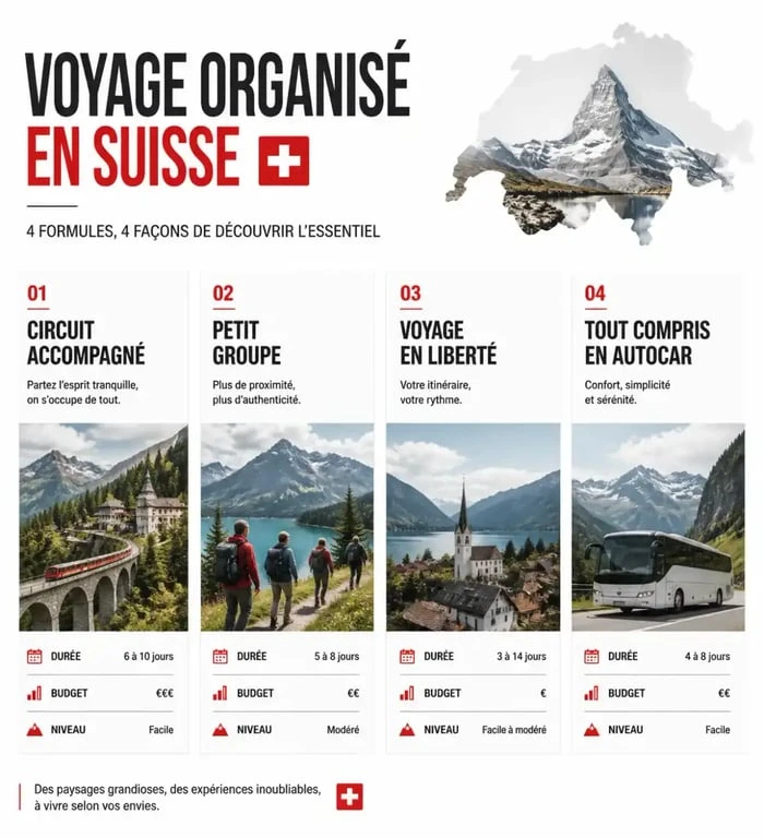 Voyage organise en suisse : comparaison visuelle des formats circuit accompagné, petit groupe, liberté et tout compris