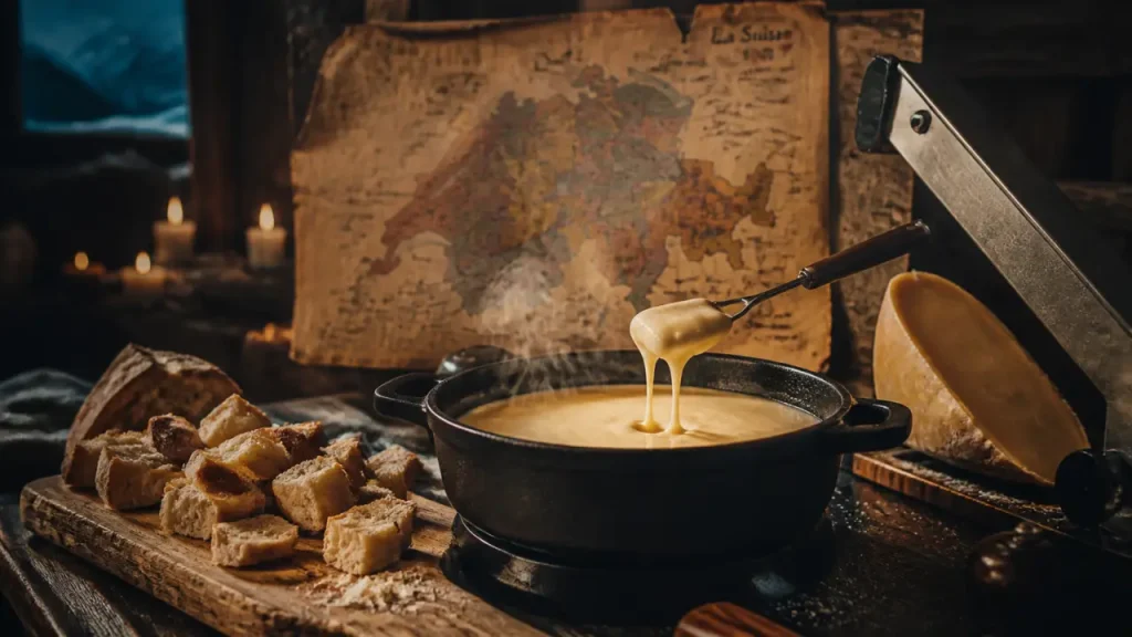 Gastronomie suisse : fondue fumante et raclette, pain et rösti