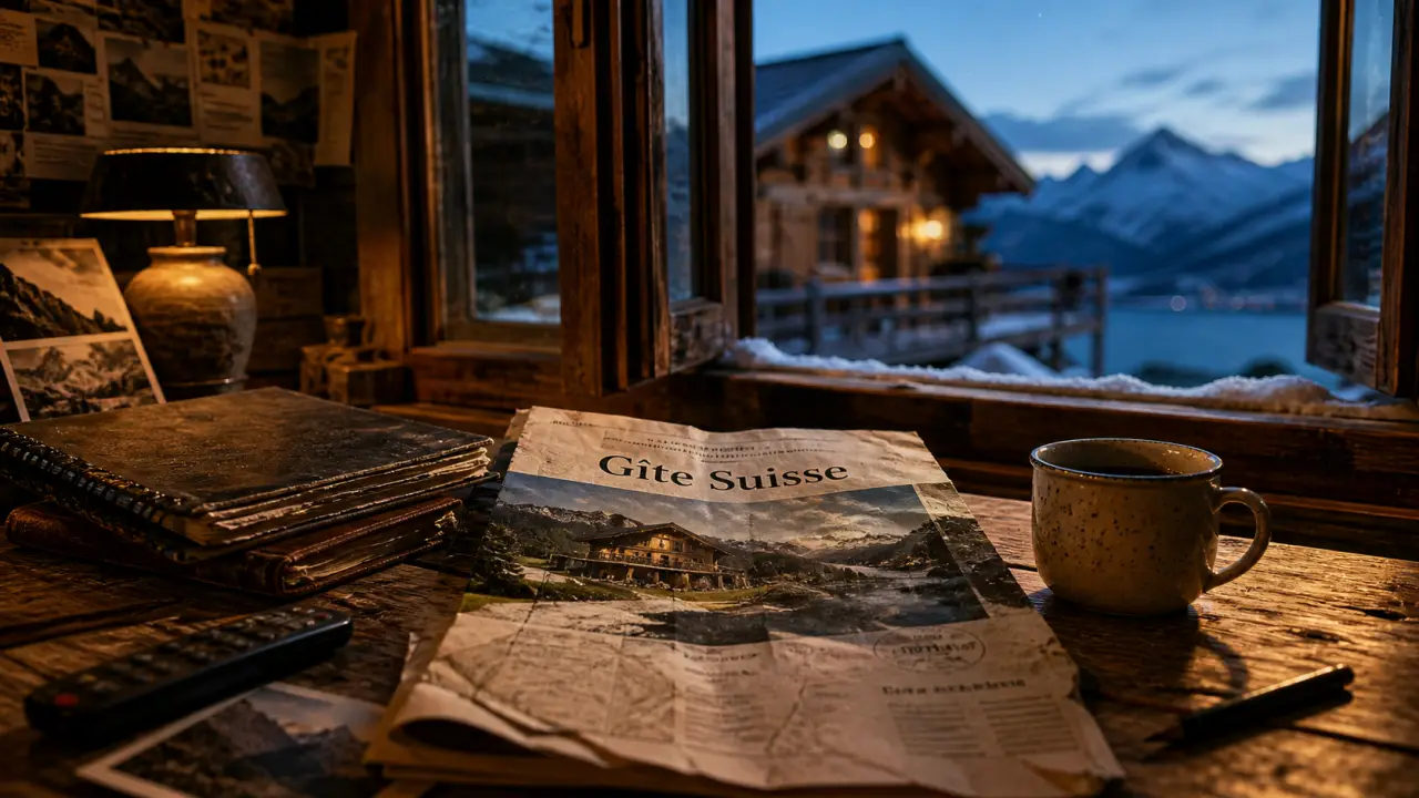 Gîte suisse : brochure, équipements et vue Alpes depuis le chalet