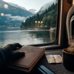 Voyage en car suisse : carnet, billets et tasse près d’une baie sur lac et montagnes