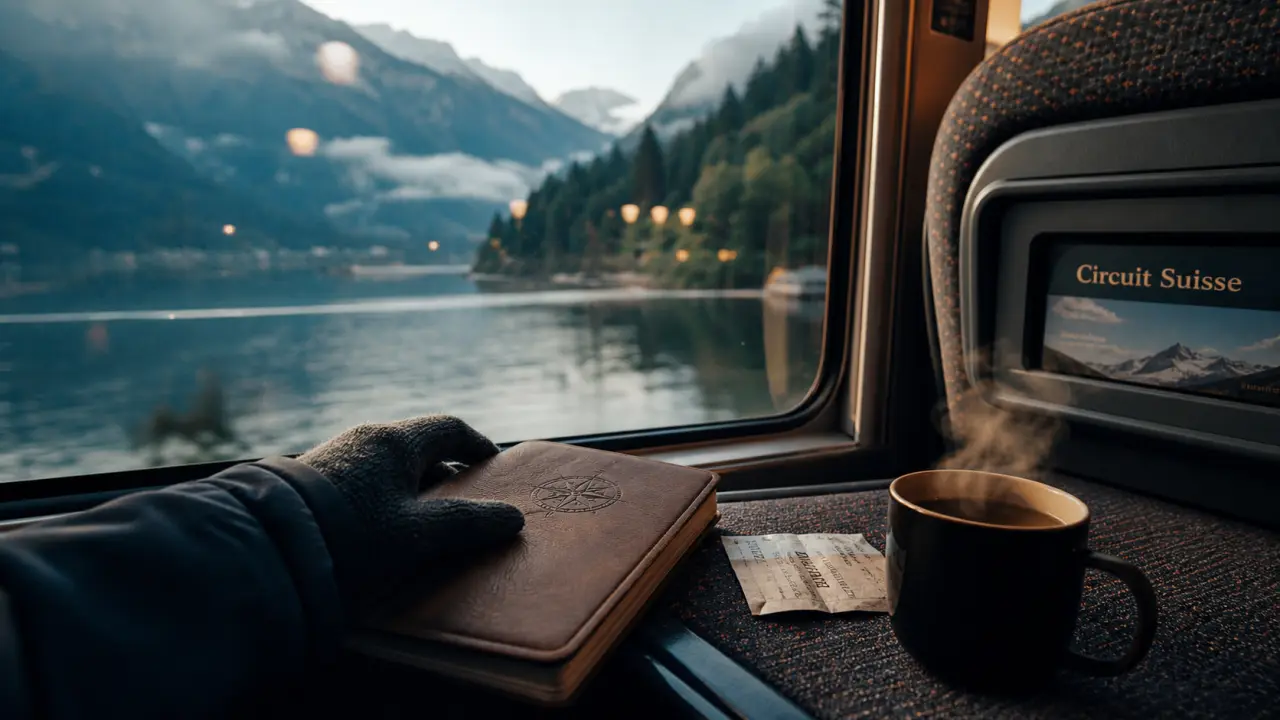 Voyage en car suisse : carnet, billets et tasse près d’une baie sur lac et montagnes