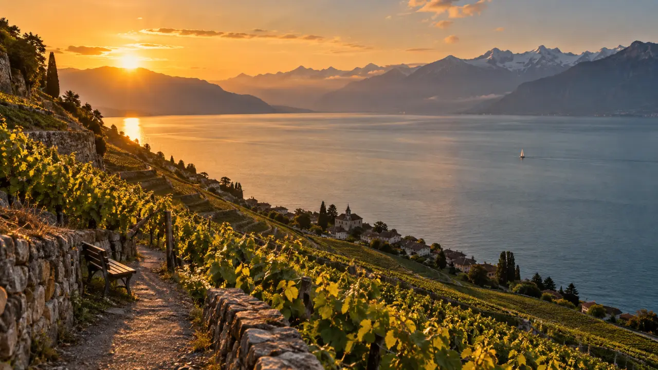 Blog voyage suisse : vignobles de Lavaux et lac Léman au coucher du soleil