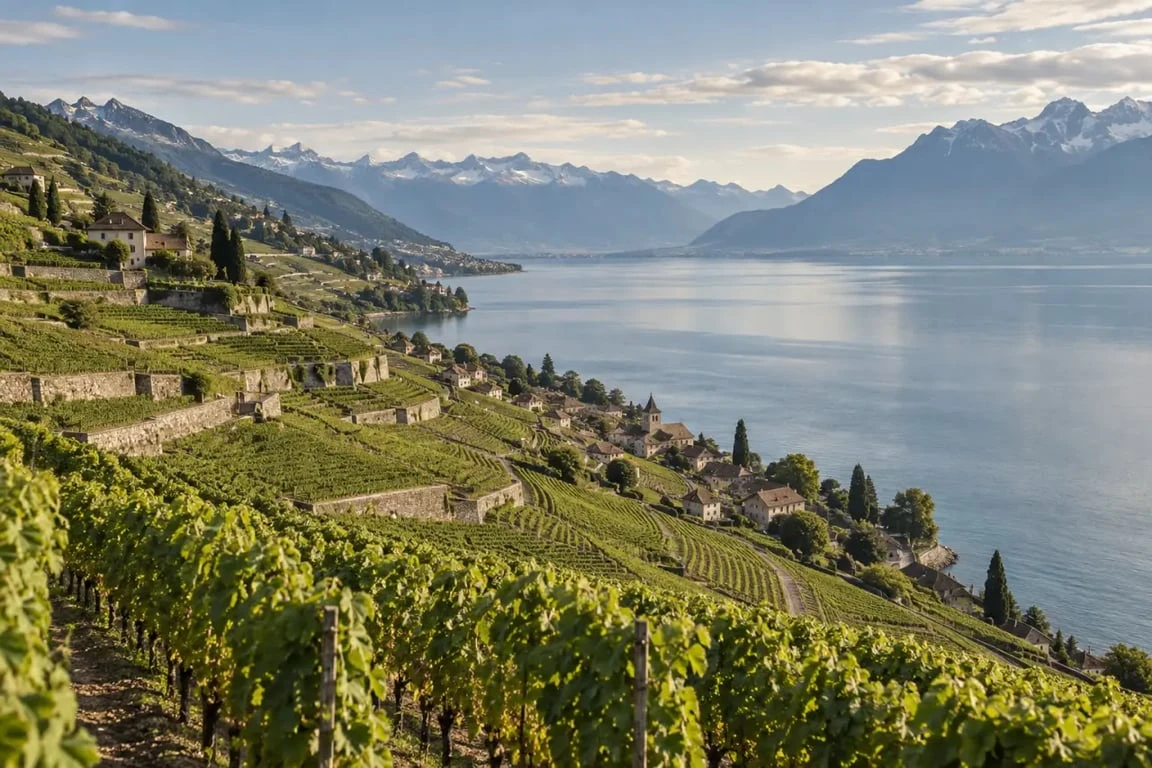 Carnet de voyage suisse dans les vignobles en terrasses de Lavaux au bord du lac Léman