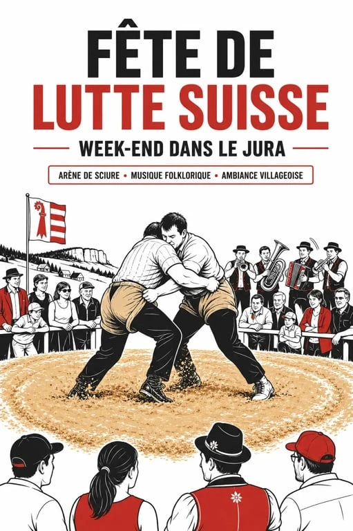 Ambiance d'une fête de lutte suisse du week end dans le Jura avec ronds de sciure, lutteurs et musique folklorique