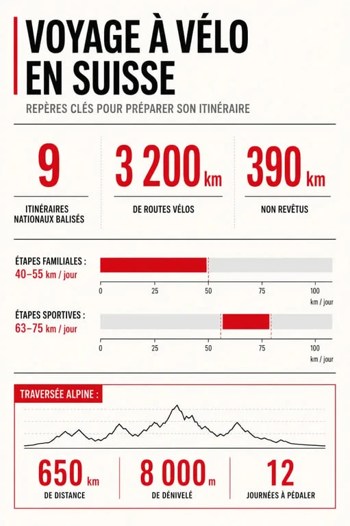 Infographie du voyage velo suisse avec distances, dénivelé et repères de préparation