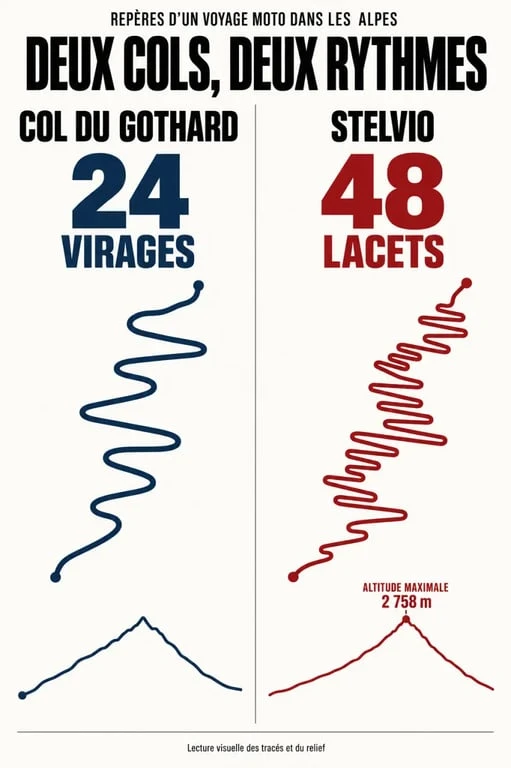 Infographie des cols alpins incontournables pour un voyage moto suisse