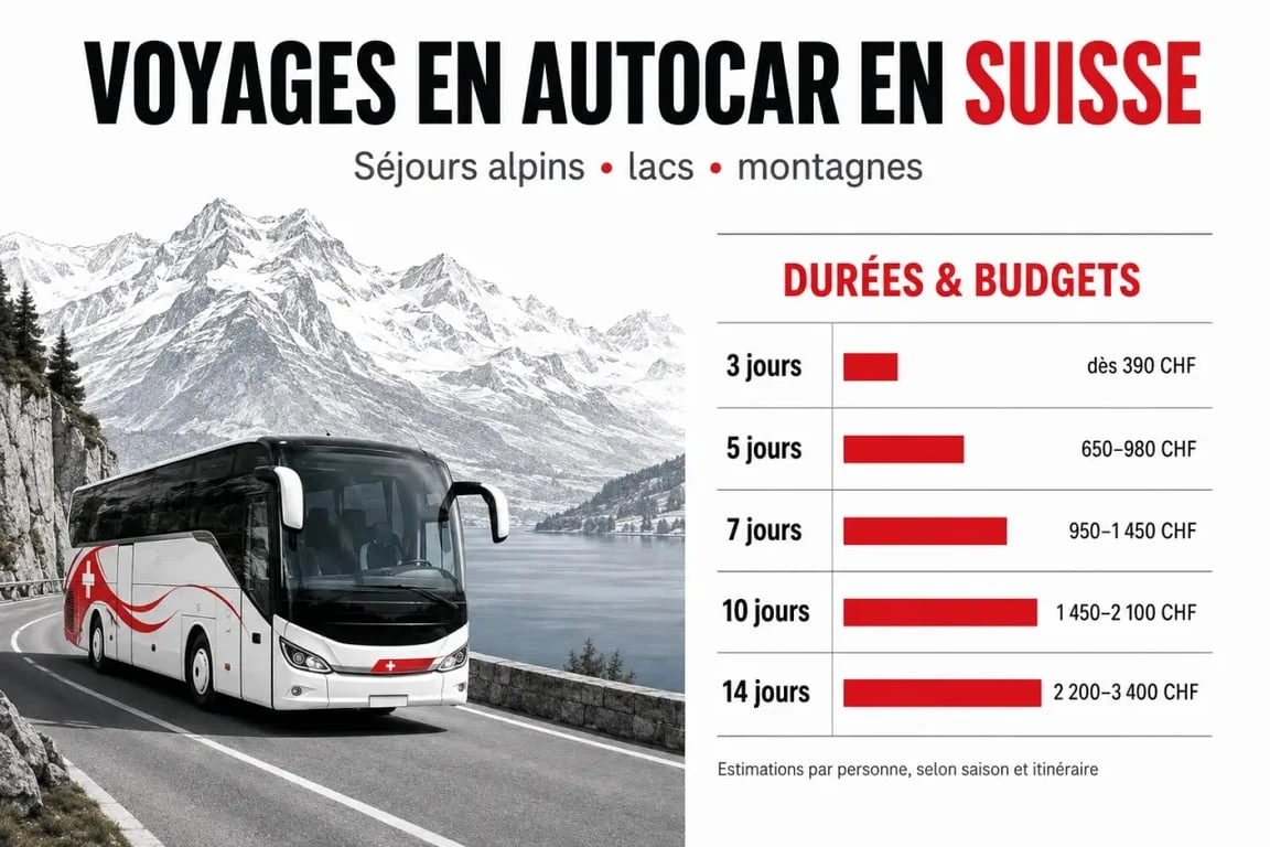 Voyage autocar suisse : comparaison visuelle des durées, prix et prestations dans un circuit en Suisse