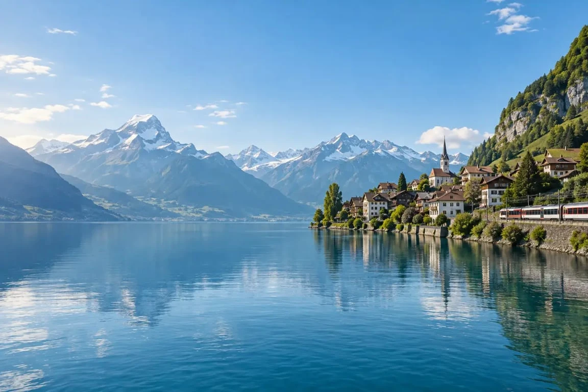 Bon plan voyage Suisse avec lac alpin, village et train régional