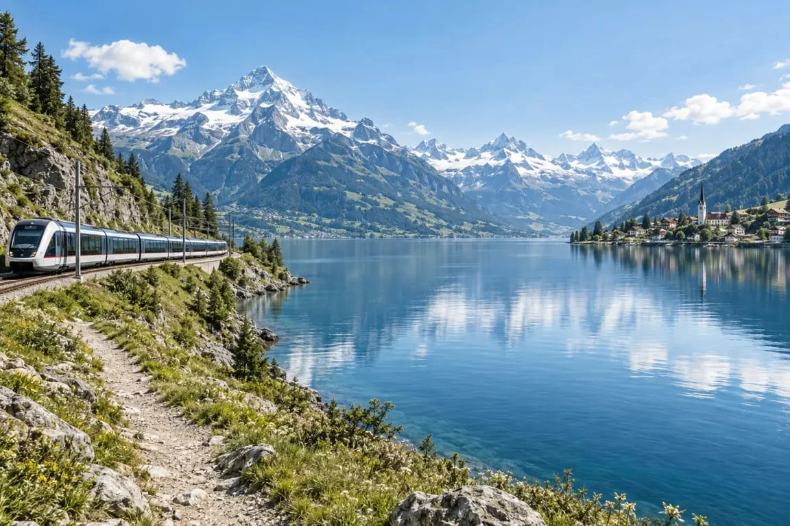 Guide de voyage suisse avec train panoramique au bord d’un lac alpin