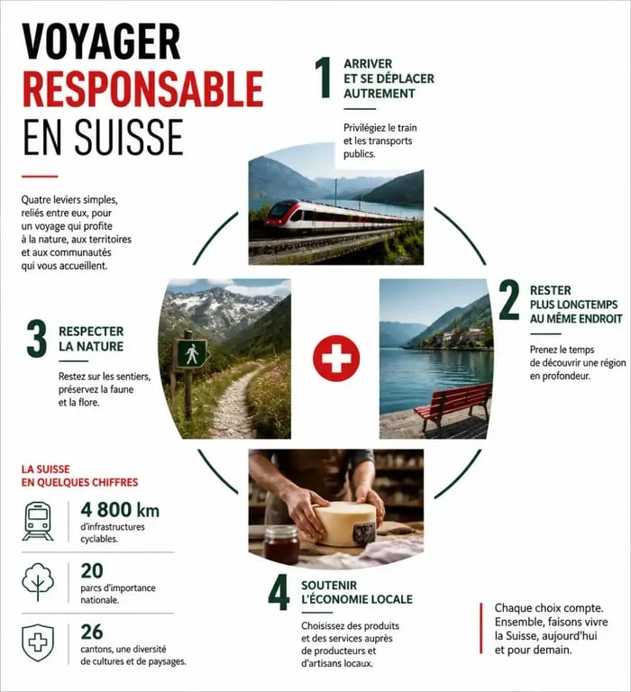 Infographie sur le voyage responsable en Suisse : train, nature protégée, mobilité douce et économie locale