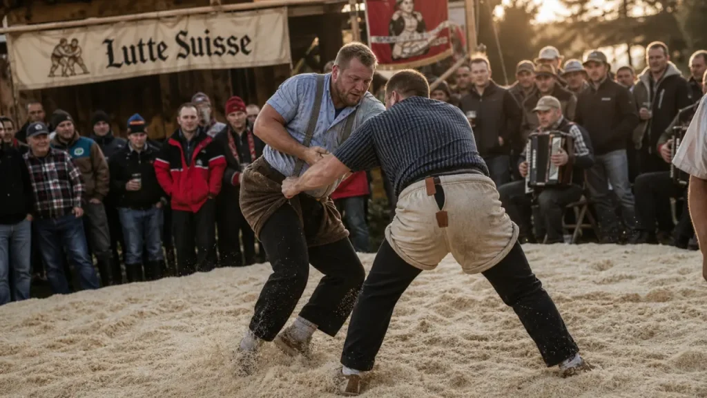 Fête de lutte suisse du week end : rond de sciure et lutteurs en Jura