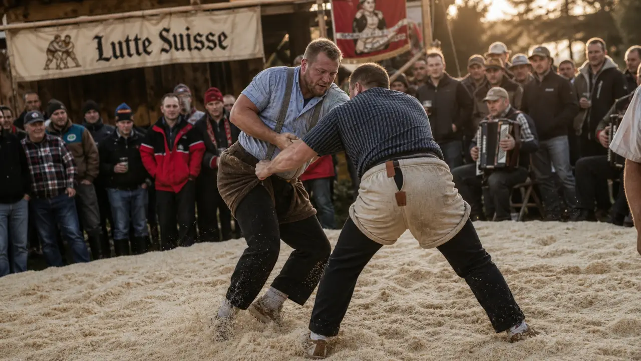 Fête de lutte suisse du week end : rond de sciure et lutteurs en Jura