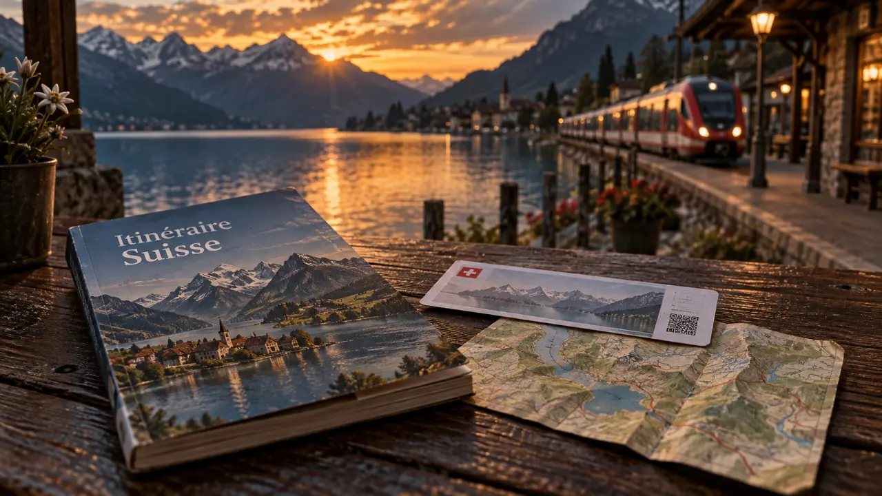 Guide de voyage suisse : train panoramique près d’un lac alpin