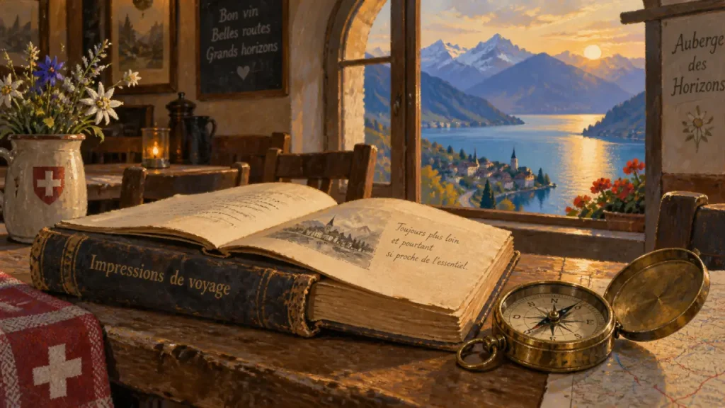 Impressions de voyage en suisse dumas : livre et boussole, lac suisse et Alpes