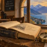 Impressions de voyage en suisse dumas : livre et boussole, lac suisse et Alpes