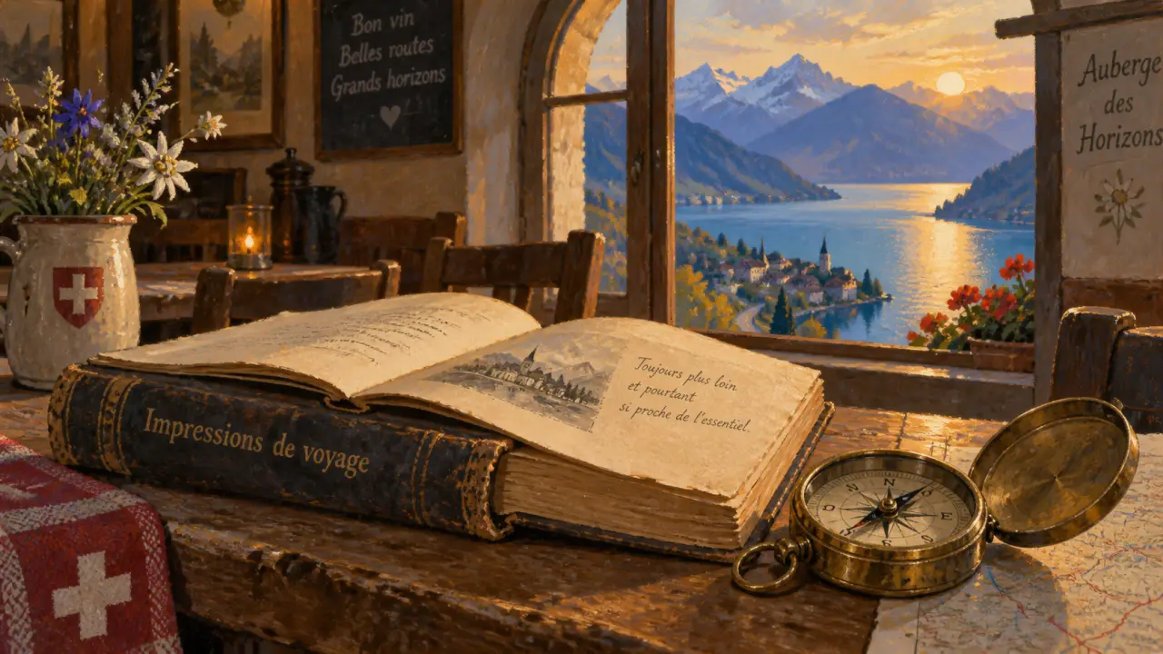 Impressions de voyage en suisse dumas : livre et boussole, lac suisse et Alpes