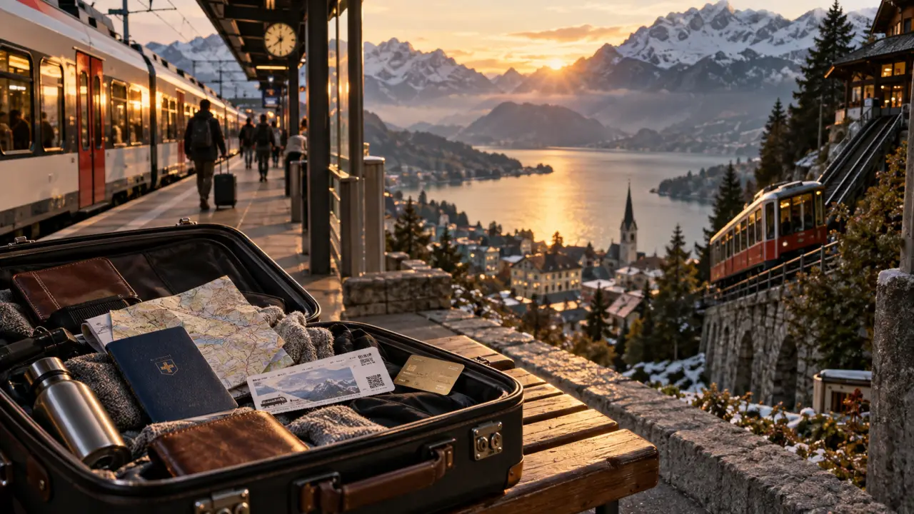 Organiser un voyage en suisse : valise, passeport et billet de train en gare