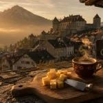 Tourisme gruyère suisse : planche de fromage Gruyère, château de Gruyères et Moléson dans la brume à l’orée du jour