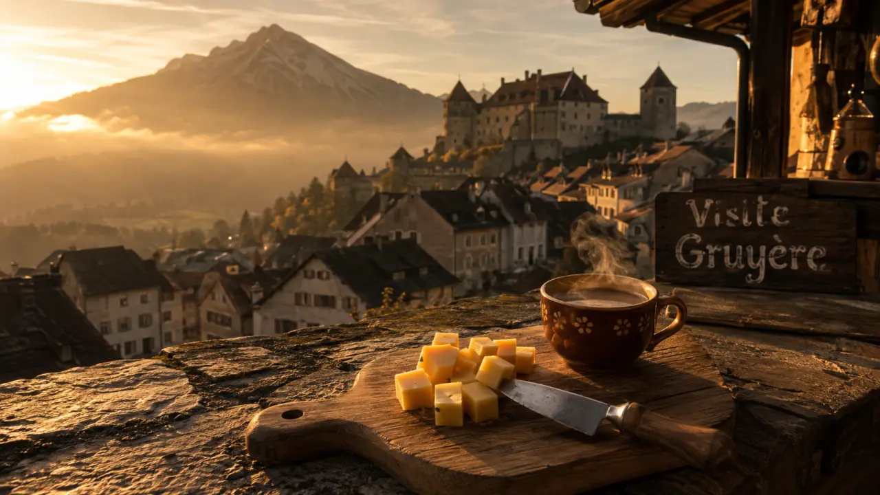 Tourisme gruyère suisse : planche de fromage Gruyère, château de Gruyères et Moléson dans la brume à l’orée du jour