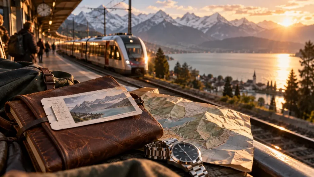 Voyage circuit suisse en train panoramique vers un lac et les Alpes