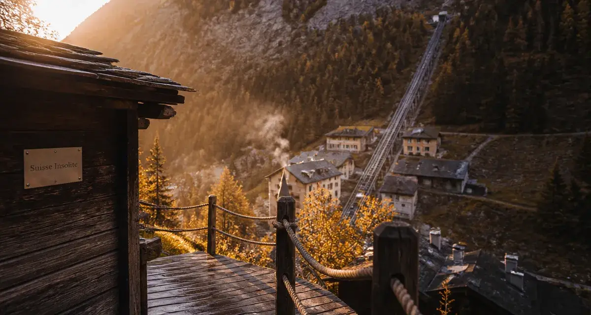 Voyage insolite suisse : cabane sur pilotis en Suisse au coucher du soleil