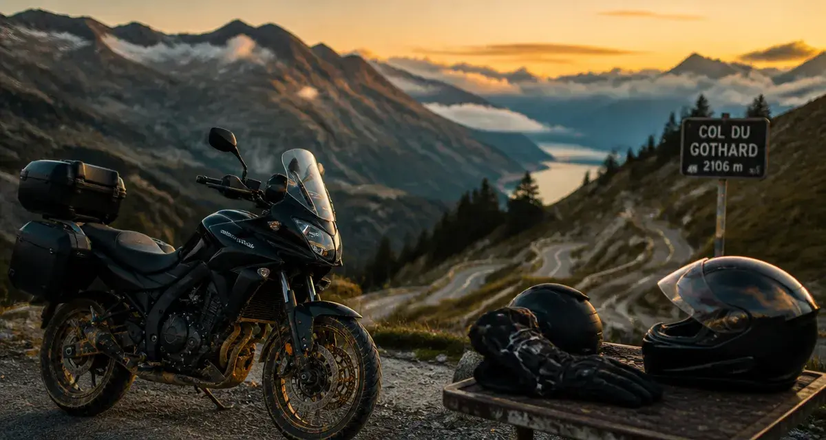 Voyage moto Suisse : moto au col du Gothard, route panoramique alpine