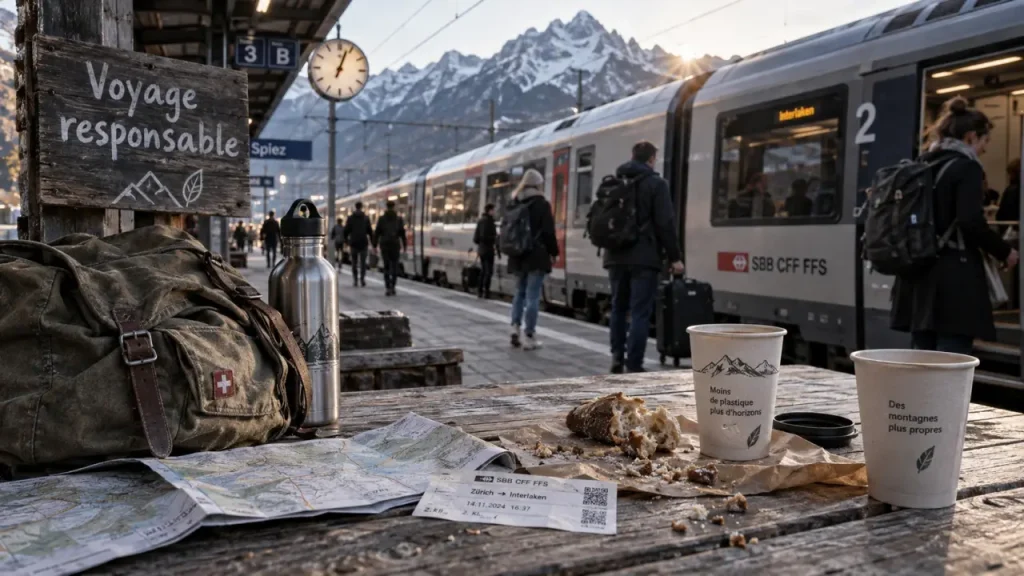 Voyage responsable suisse : sac en toile et billet, train local près d’une gare en Suisse