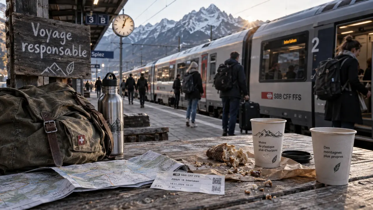 Voyage responsable suisse : sac en toile et billet, train local près d’une gare en Suisse