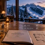 Chalet luxe dans les Alpes, vue salon fenêtre, plan et critères ski-in/piscine