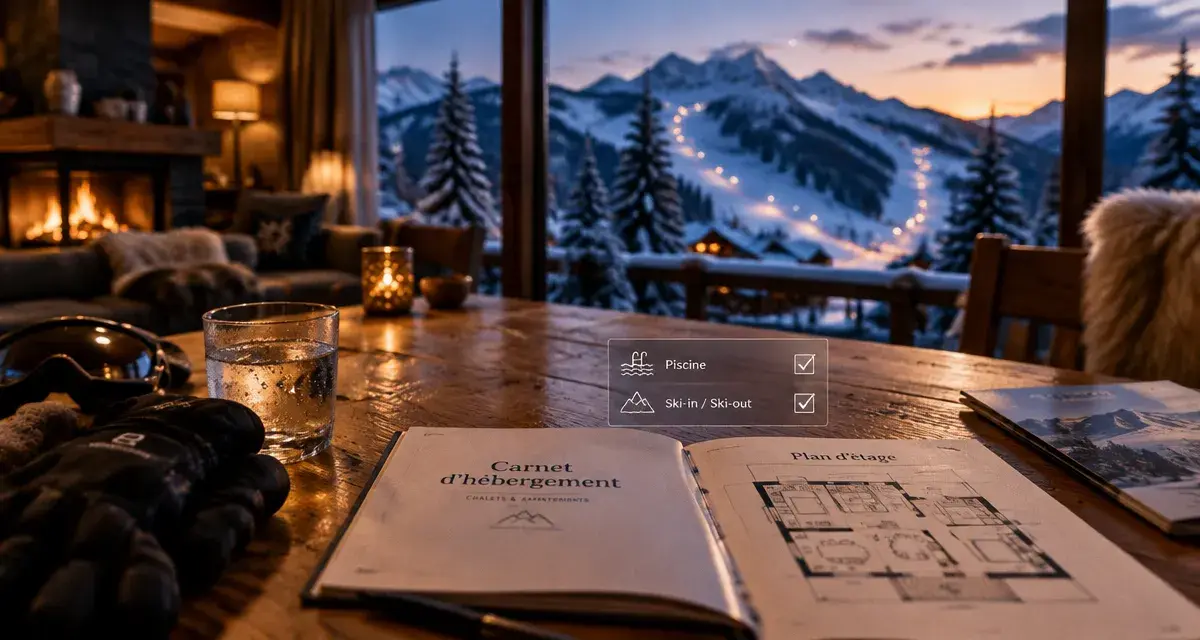Chalet luxe dans les Alpes, vue salon fenêtre, plan et critères ski-in/piscine