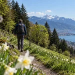Chemin des narcisses aux Avants, sentier avec narcisses blancs et lac Léman
