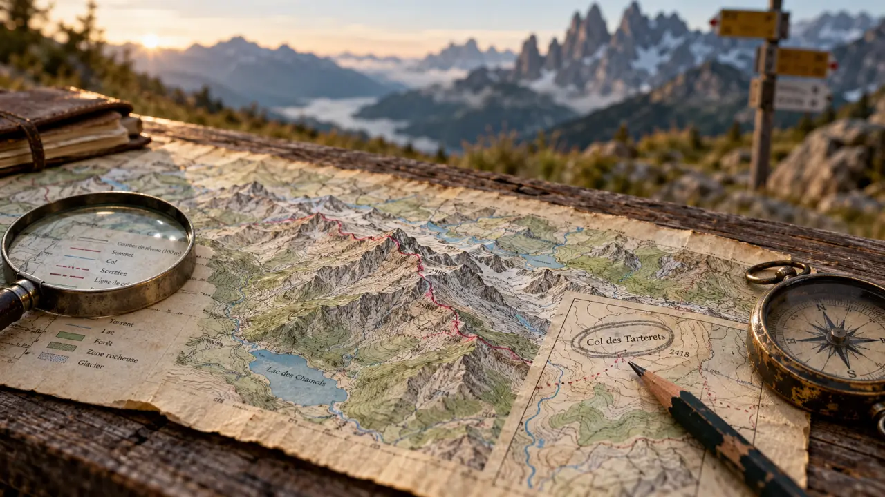Col des Tarterets suisse carte géographique, loupe et boussole sur carte topographique
