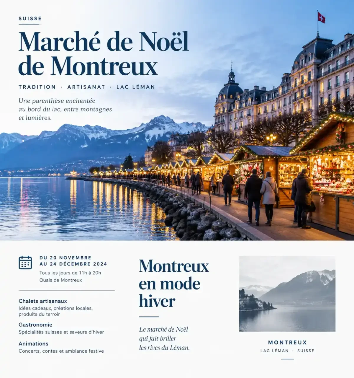 Marché de Noël de Montreux : chalets illuminés sur les quais du lac Léman au crépuscule