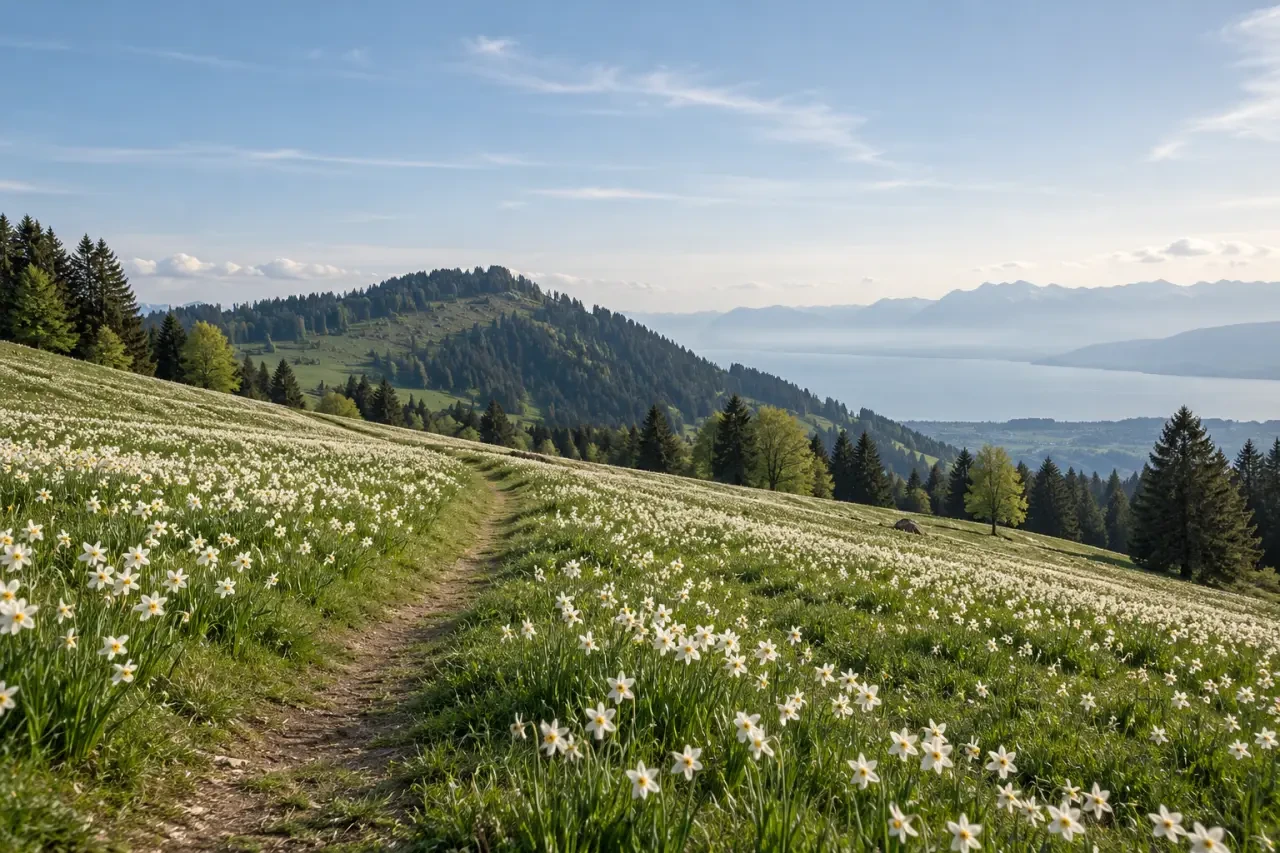 Chemin des narcisses aux Avants avec prairie fleurie et vue sur le lac Léman