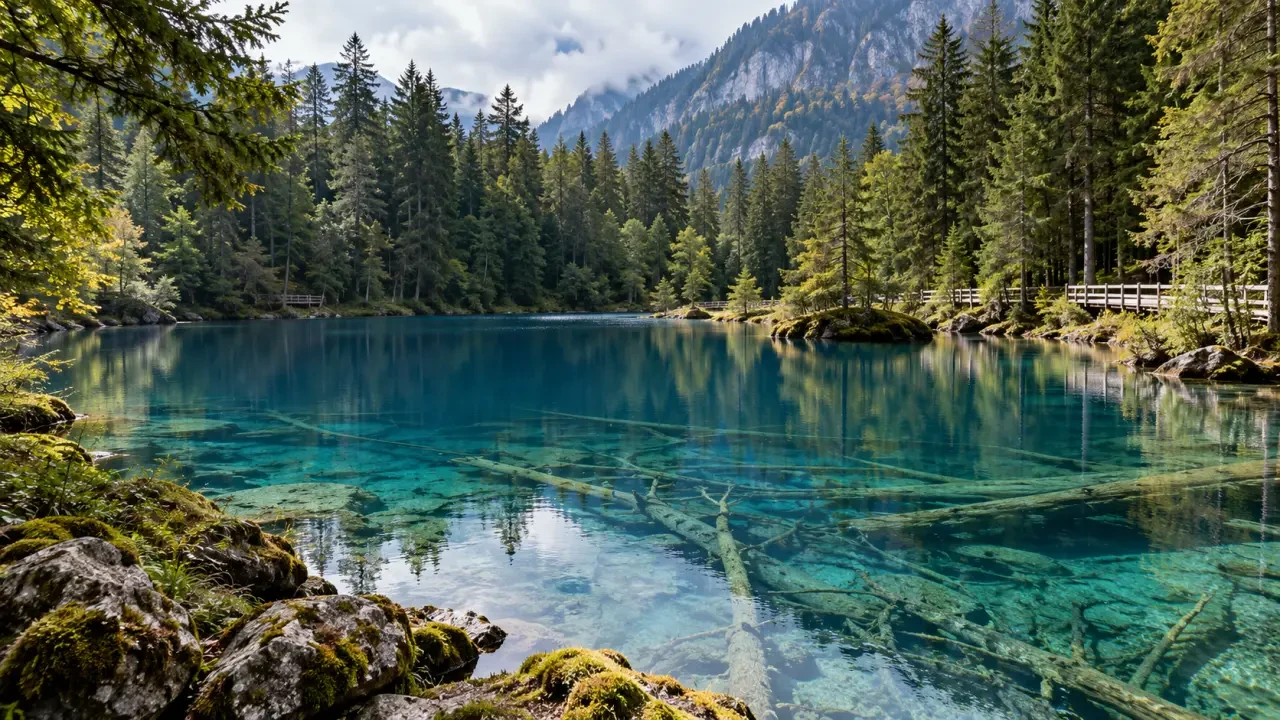 Lac Blausee en Suisse avec eau bleue, forêt alpine et troncs immergés