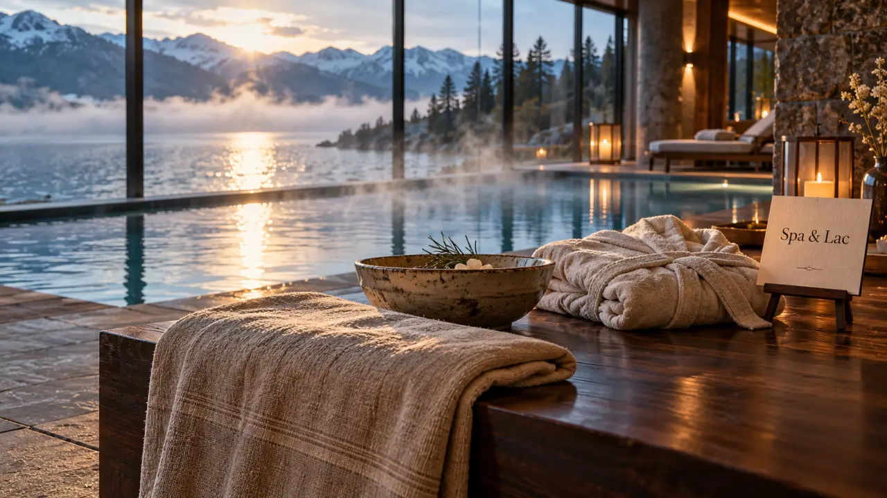Hotel spa suisse : lounge avec serviette, peignoir, vapeur et vue lac