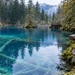 Lac blausee suisse : eau bleue et passerelles bois