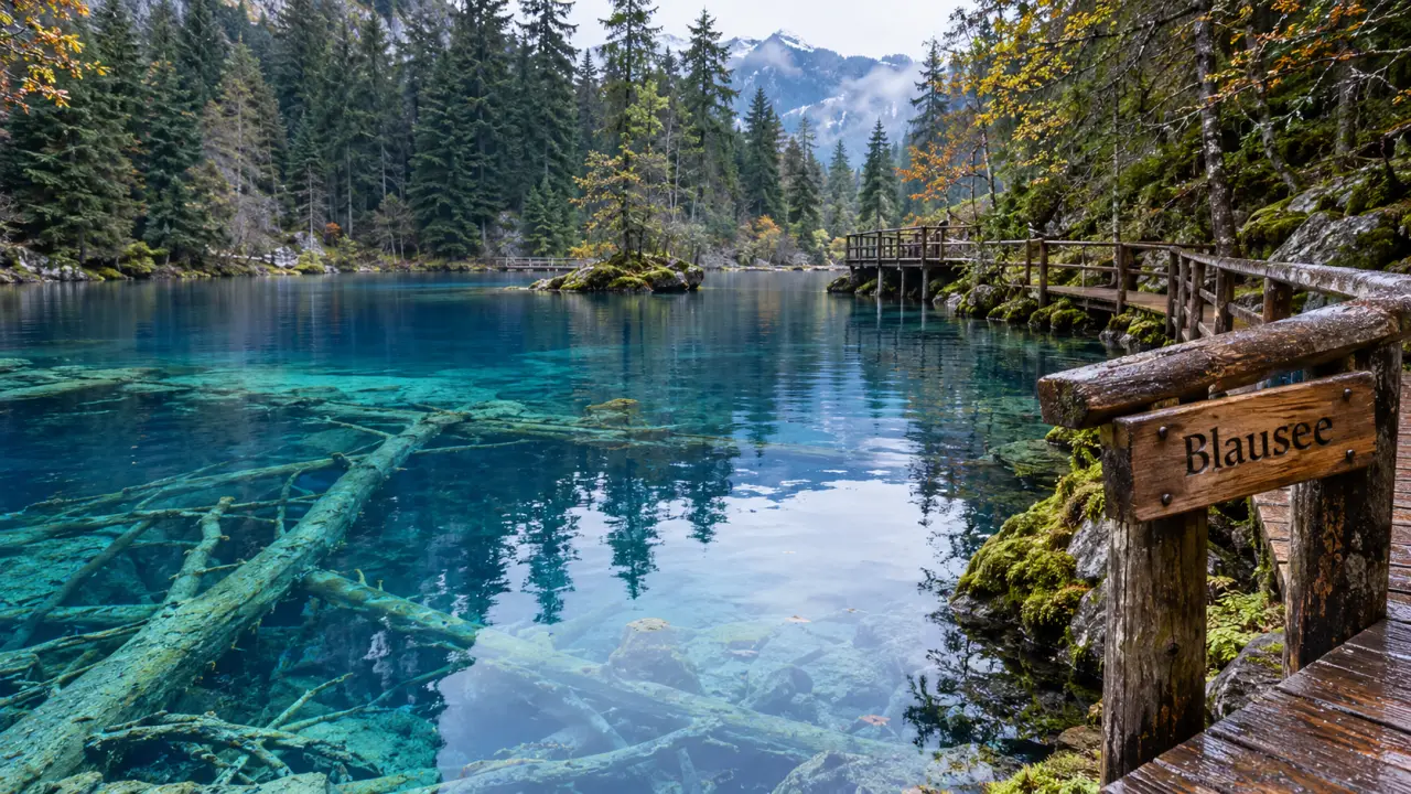 Lac blausee suisse : eau bleue et passerelles bois