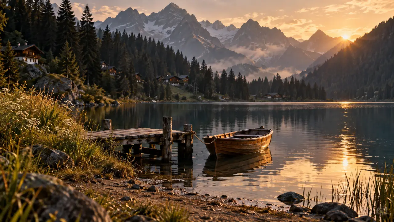 Lac champex suisse au coucher du soleil, rive et ponton sur le lac