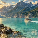 Lac de Brienz suisse turquoise, bateau et rive rocheuse