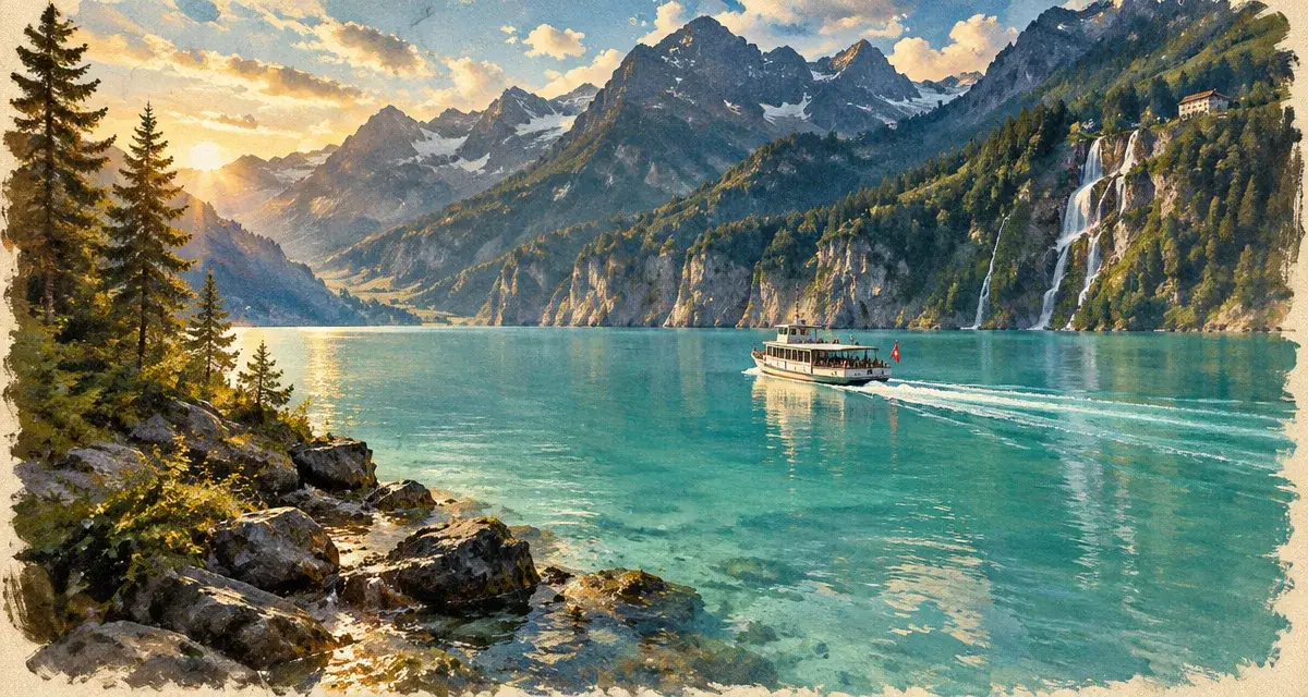 Lac de Brienz suisse turquoise, bateau et rive rocheuse
