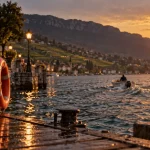 lac neuchatel suisse : jetée, vignes et Jura au golden hour