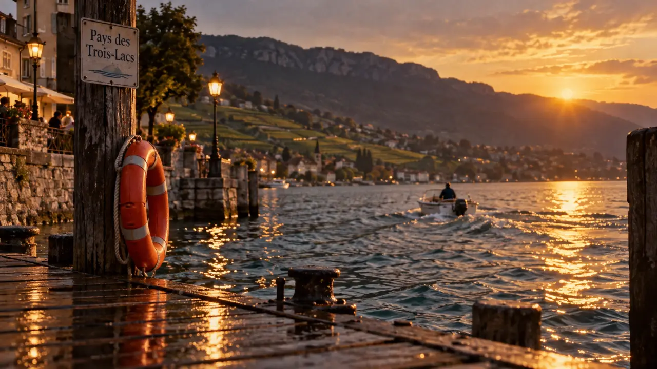 lac neuchatel suisse : jetée, vignes et Jura au golden hour