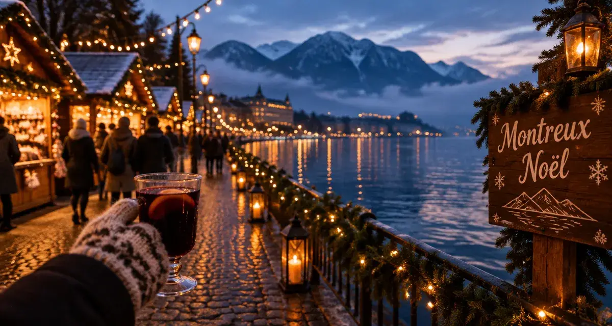 Marché de noel montreux : chalets illuminés sur les quais du lac Léman