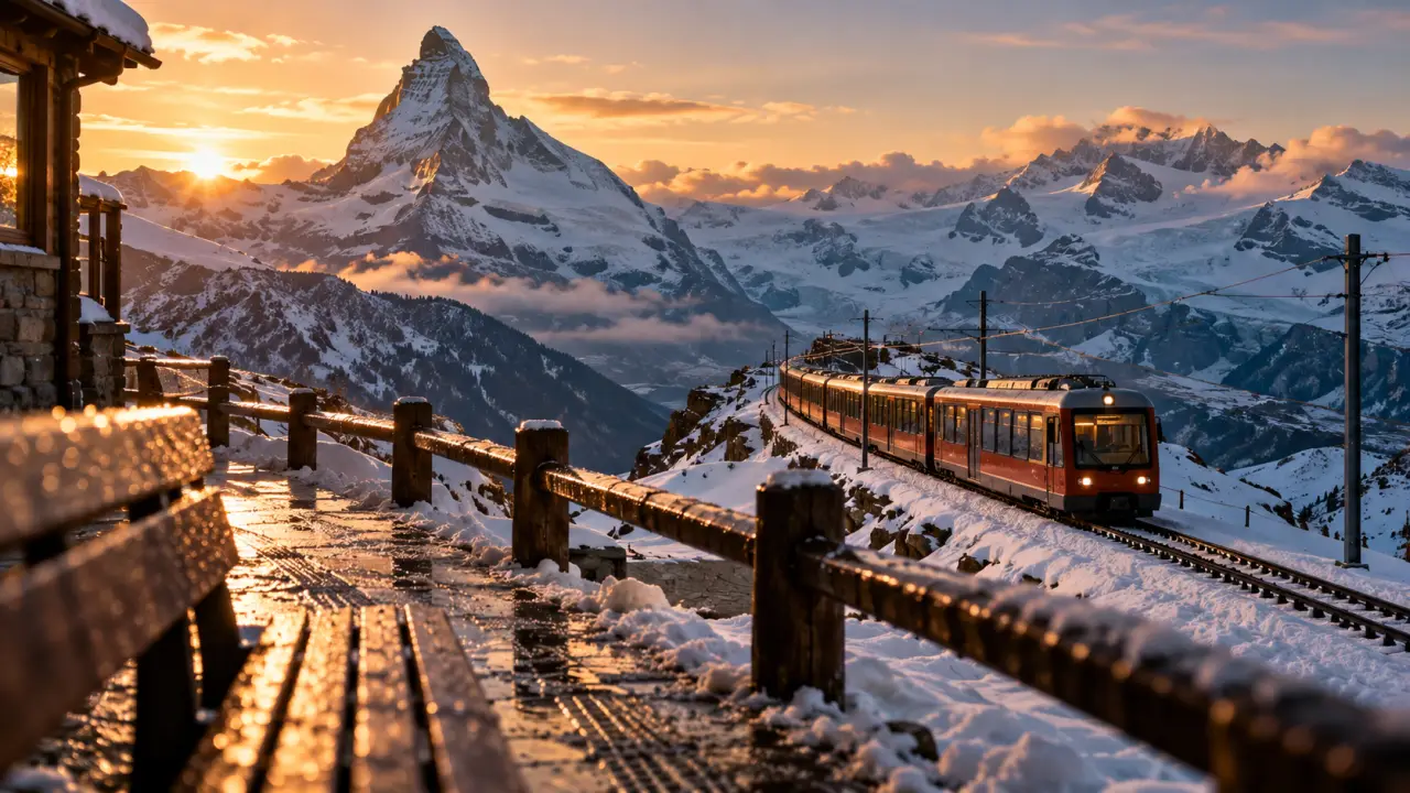 Zermatt été, train à crémaillère vers le Gornergrat, Cervin et glaciers